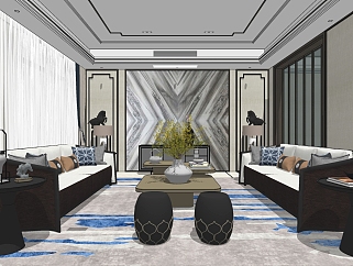 新中式客厅沙发I su草图模型下载
