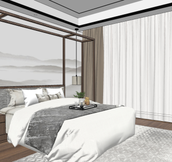 新中式卧室，双人床， su草图模型下载