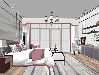新中式卧室，双人床， su草图模型下载