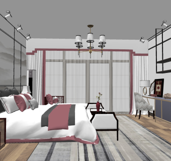 新中式卧室，双人床， su草图模型下载