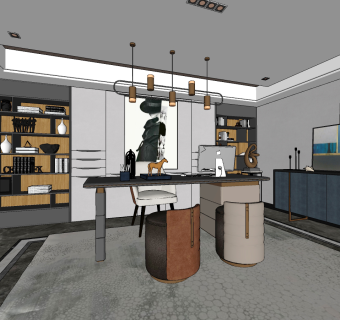 现代轻奢书房书桌椅，su草图模型下载