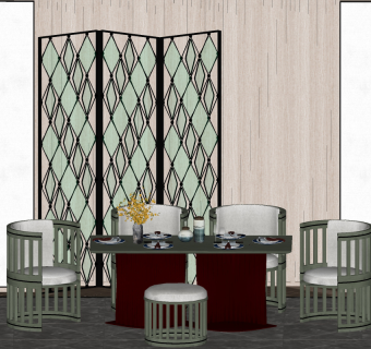 新中式餐桌椅，玻璃铁艺屏风隔断su草图模型下载