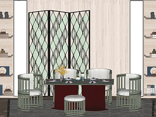 新中式餐桌椅，玻璃铁艺屏风隔断su草图模型下载