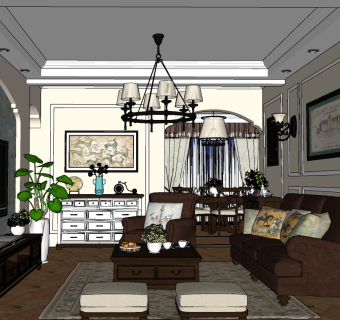 美式地中海田园客厅su草图模型下载
