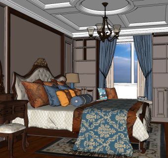 美式卧室，双人床梳妆台su草图模型下载