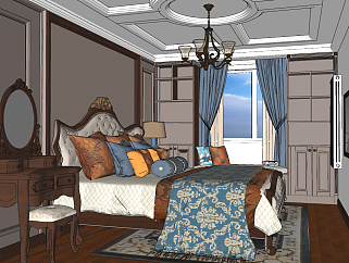 美式卧室，双人床梳妆台su草图模型下载