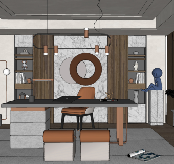 现代书房书桌椅，书柜，摆台su草图模型下载