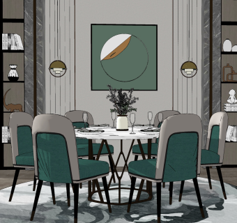 07现代简欧式轻奢圆形餐桌椅，椅子su草图模型下载