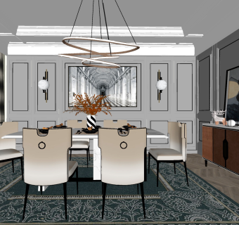 08美式欧式餐厅 餐桌 餐椅 餐具 边柜 挂画 吊灯su草图模型下载