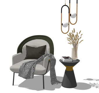 12现代轻奢休闲椅子边几小吊灯麦穗花瓶su草图模型下载