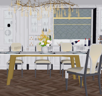 17欧式新古典餐桌椅，水滴吊灯，树枝吊灯，酒柜组合su草图模型下载