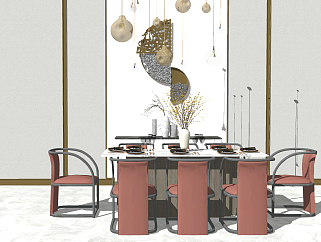 51新中式现代轻奢餐桌椅子，餐具，吊灯，墙饰挂饰挂件...