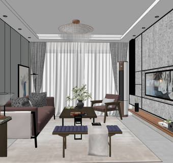 现代新中式客厅ID：68837su草图模型下载