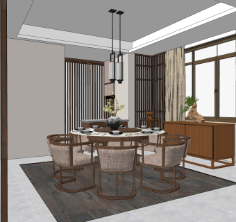 新中式餐厅 su草图模型下载