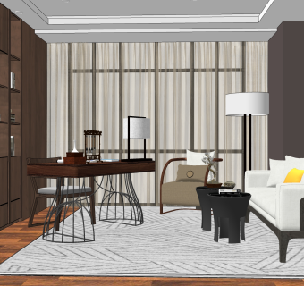 新中式书房 su草图模型下载