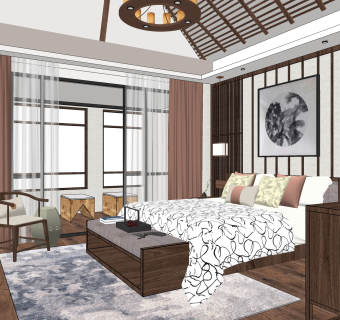 新中式卧室 su草图模型下载
