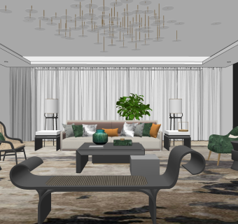 新中式客厅，沙发茶几沙发凳 su草图模型下载