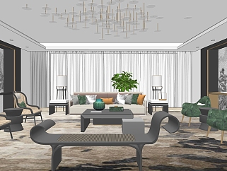 新中式客厅，沙发茶几沙发凳 su草图模型下载