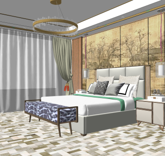 新中式卧室 su草图模型下载