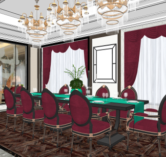 雕花餐桌椅水晶吊灯 su草图模型下载