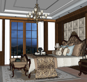 美式欧式古典卧室su草图模型下载