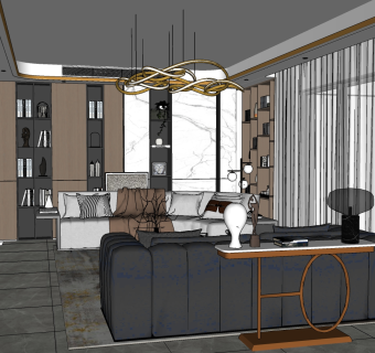 现代客厅餐厅su草图模型下载