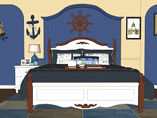 地中海双人床，卧室床头柜su草图模型下载
