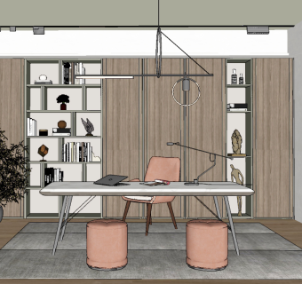 现代书房,书桌椅su草图模型下载