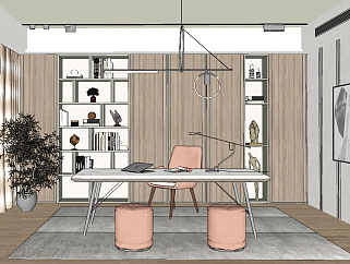 现代书房,书桌椅su草图模型下载