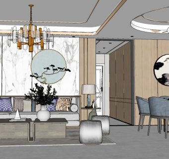 新中式客餐厅su草图模型下载