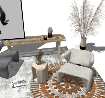 现代单椅休闲椅边几组合1su草图模型下载