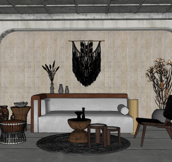 北欧现代自然风客厅su草图模型下载