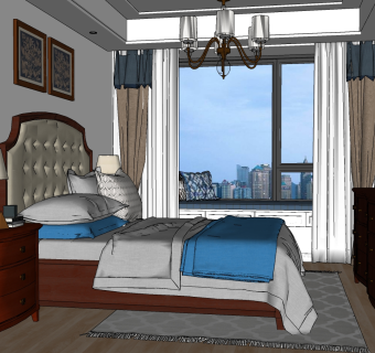 美式欧式卧室su草图模型下载