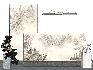 新中式山水屏风画，背景墙吊灯盆景su草图模型下载