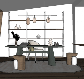 现代书房，书桌椅书su草图模型下载