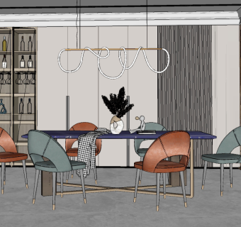 现代餐厅餐桌椅吊灯su草图模型下载