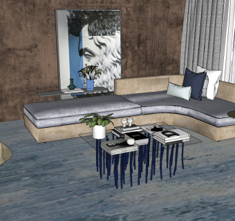 现代客厅转角沙发茶几，边su草图模型下载