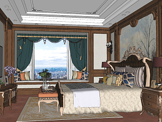 美式欧式古典卧室su草图模型下载