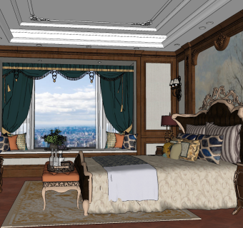 美式欧式古典卧室su草图模型下载