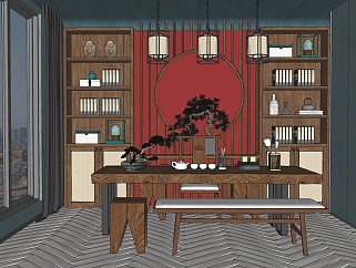 新中式实木原木大板茶桌椅，书柜书房su草图模型下载