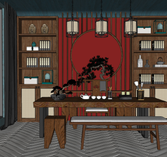 新中式实木原木大板茶桌椅，书柜书房su草图模型下载