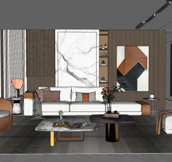 现代客厅，沙发组合su草图模型下载