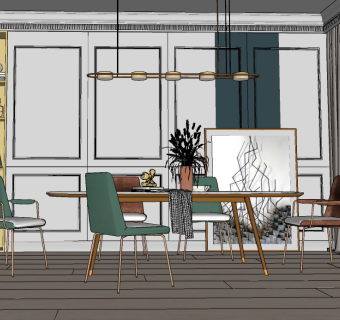 北欧现代餐厅，餐桌椅su草图模型下载