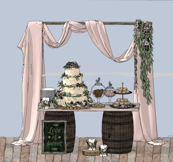 北欧现代工业风婚礼美陈装饰，蛋糕，零食摆件，木质酒桶su草图模型下载
