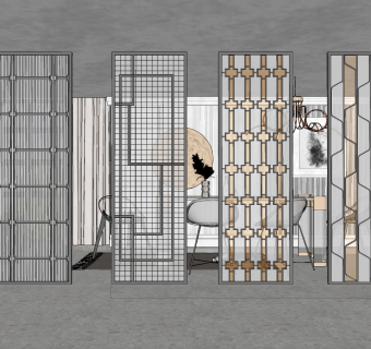 现代金属热熔有机玻璃，屏风隔断su草图模型下载