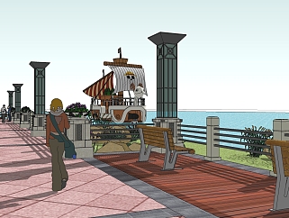海盗船主题滨湖<em>公园</em>户外座椅su草图模型下载
