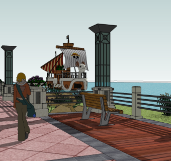 海盗船主题滨湖公园户外座椅su草图模型下载