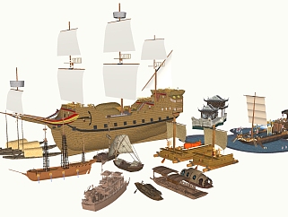 木船<em>合集</em>，船帆，古代木船 su草图模型下载