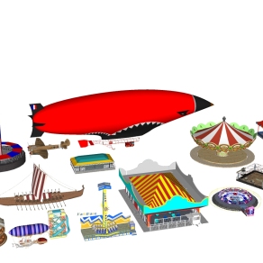 游乐场游乐设备，旋转木马，划船，船桨，跷跷板，ID：134206su草图模型下载