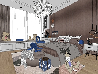 02北欧现代女孩房，儿童房卧室玩具羽毛吊灯 (2)su草图模型下载